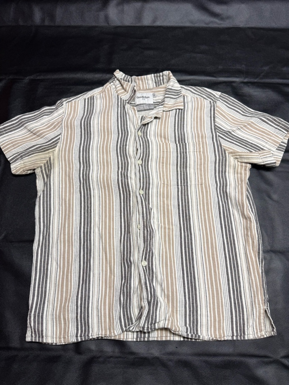 Goodfellow & Co Beige, Black & White Striped Short-Sleeve Button-Down Shirt